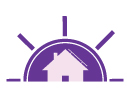 Icon depicting the sun behind a home with solar panels installed.